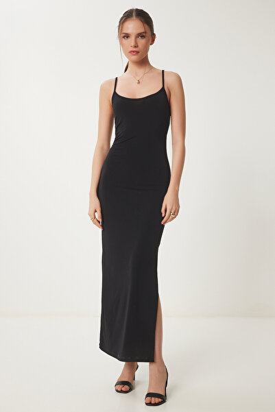 Happiness İstanbul Dámské letní dlouhé pletené šaty Saran s černým páskem UB00027