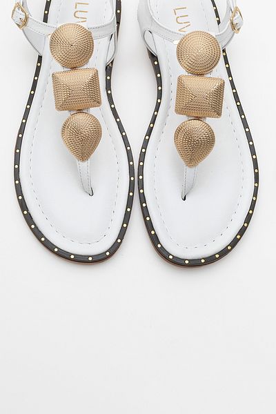 LuviShoes Helen White Genuine Leather Flip Flops Gold Buckle Women's Sandals