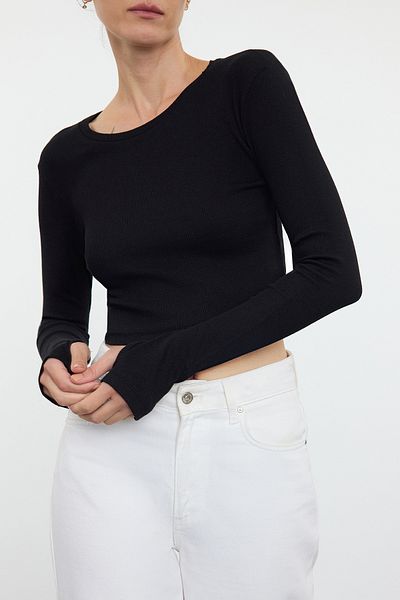 Edit by Trendyol Μαύρη πλεκτή μπλούζα Stretchy Corded Crew Neck - TEDAW25BZ00001