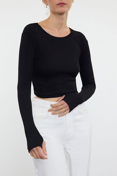 Edit by Trendyol Μαύρη πλεκτή μπλούζα Stretchy Corded Crew Neck - TEDAW25BZ00001
