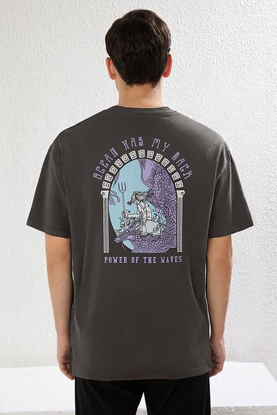 Trendyol Collection Art Printed Anthracite Oversize Cotton T-Shirt - Short Sleeve Tmnss21Ts3559