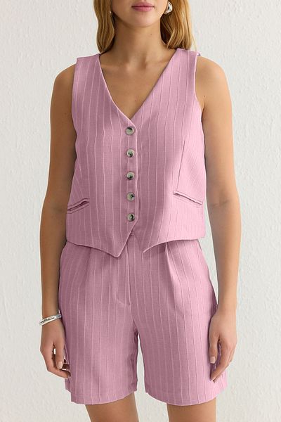 Trendyol Collection Pink V-Neck Vest and Pocket Shorts Woven Bottom-Top Suit Twoss25Au00031
