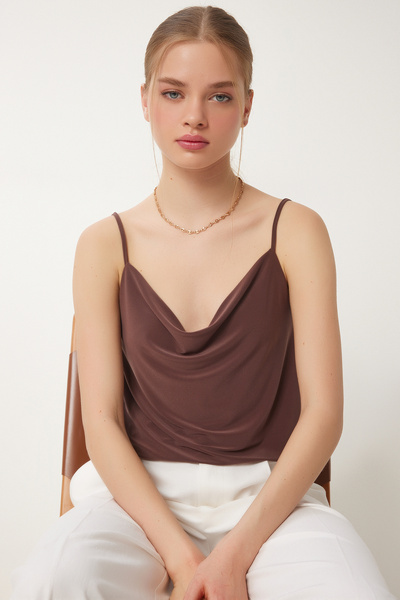 Happiness İstanbul Дамска кафява плетена блуза без презрамки Sandy RX00036