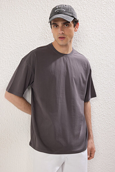 Trendyol Collection Μπλουζάκια Μπλε-Ανθρακί Oversize/Wide Cut 2 Πακέτο εμπριμέ-απλό 100% βαμβάκι TMNSS25TS00212