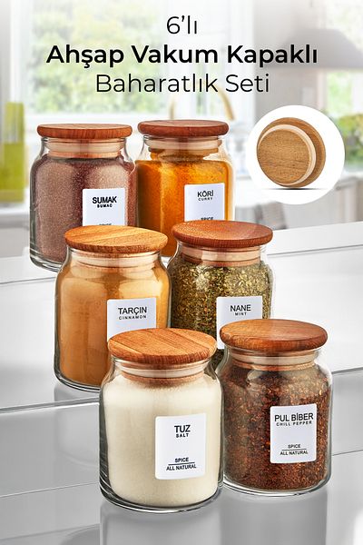 Kitchen Life Myrina Labeled 6-Piece Wooden Vacuum Lidded Spice Jar Set 300ml X6