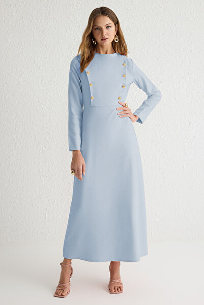 Trendyol Modest Ανοιχτό μπλε φλοράλ υφαντό φόρεμα με κουμπιά TCTSS25EB00032