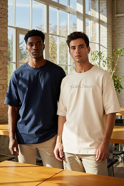Trendyol Collection Μπλουζάκι Navy Blue-Beige Oversize/Wide Cut 2 Pack Text Printed-Απλό 100% βαμβακερό T-shirt TMNSS25TS00215