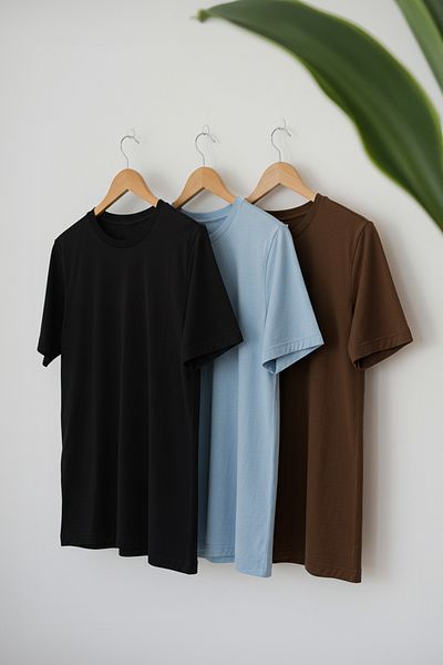 Trendyol Collection Μαύρο-σκούρο καφέ-ανοιχτό μπλε 3 τεμάχια Slim/Slim Fit T-shirt από βαμβακερό και ύφασμα Tok Slim Fit