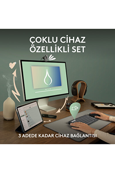 logitech Pebble Combo Çoklu Cihaz Özellikli Sessiz Kablosuz Türkçe Q Klavye ve Mouse Seti, Siyah 920-012245