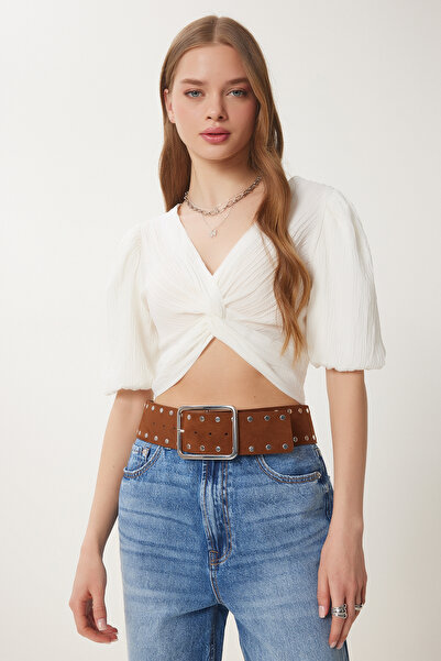 Happiness İstanbul Дамска изрязана тъкана блуза с балонен ръкав RG00052