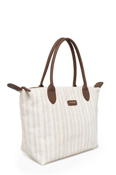 Fossil Light Tan Women's Stripe Patterned Canvas Hand and Shoulder Bag 05Fo25Y5050
