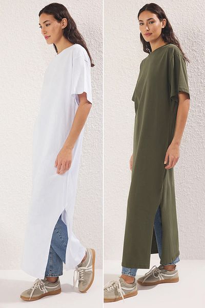 Trendyol Modest Khaki-White 2 Pack Knitted Single Jersey Underwear Lining Dress