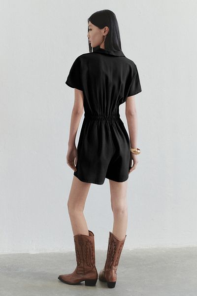 Trendyol Collection Unlimited Print Black Elastic Waist Zipper Detailed Modal Mini Woven Jumpsuit