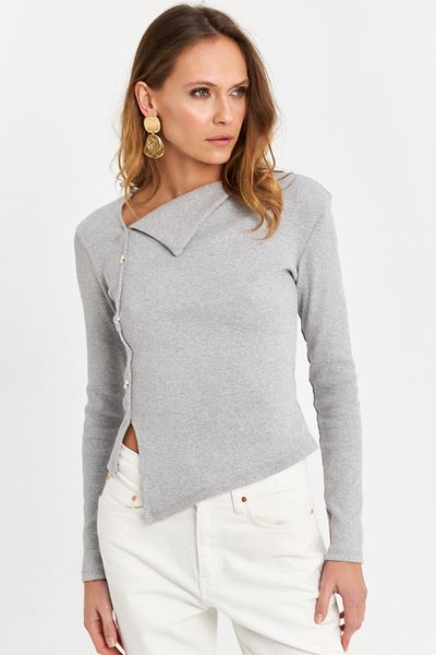 Cool & Sexy Women's Gray Button Accessory Cross Neck Blouse Tf52