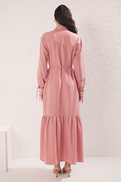 Trendyol Modest Dusty Rose Lace Detailed Linen Look Woven Dress Tctss25Eb00111