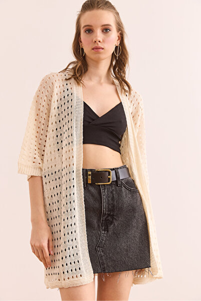 Olalook Γυναικεία εκρού ανοιχτή καλοκαιρινή πλεκτή ζακέτα HRK- 19000348