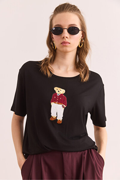 Olalook Women's Black Crew Neck Teddy Bear Appliqued Flowy T-Shirt Tsh- 19000867