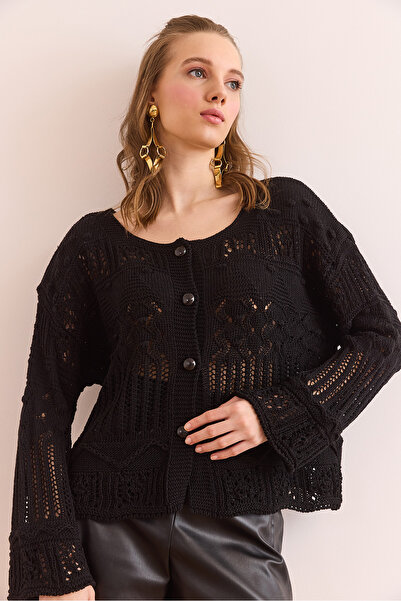 Olalook Women's Black Buttoned Openwork Seasonal Cotton Cardigan Hrk- 19000349
