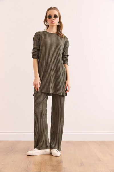 Olalook Damen Khaki Oberteil Schlitz Bluse Unterteil Palazzo Kordel Anzug TKM-19000180