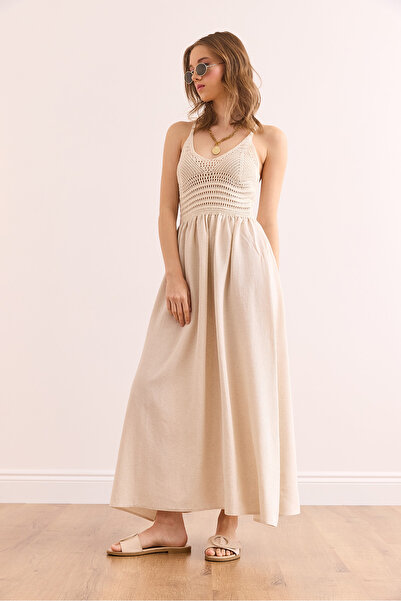 Olalook Women's Ecru Top Openwork Strap Midi Dress Elb- 19002360