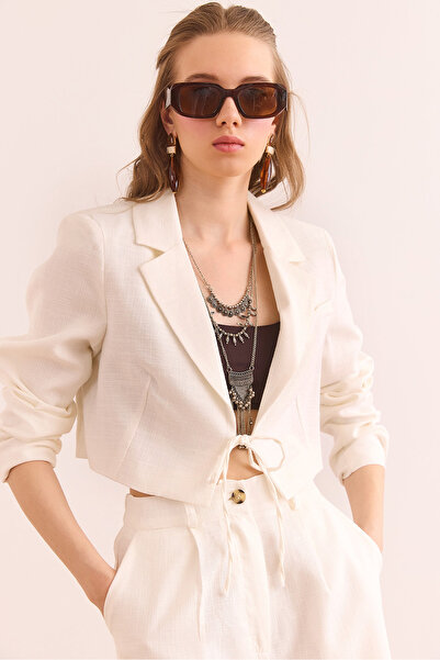 Olalook Γυναικείο λευκό δαντέλα με λεπτομέρεια με επένδυση, πλυμένο λινό μπουφάν CKT- 19000437