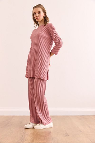 Olalook Damen Dusty Rose Top Schlitz Bluse Unterteil Palazzo Kordelzug Anzug TKM-19000180