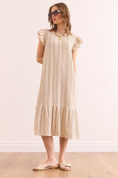 Olalook Beigefarbenes Damen-Midikleid mit Ärmeln und Rüschen, strukturiert, ELB- 19002364