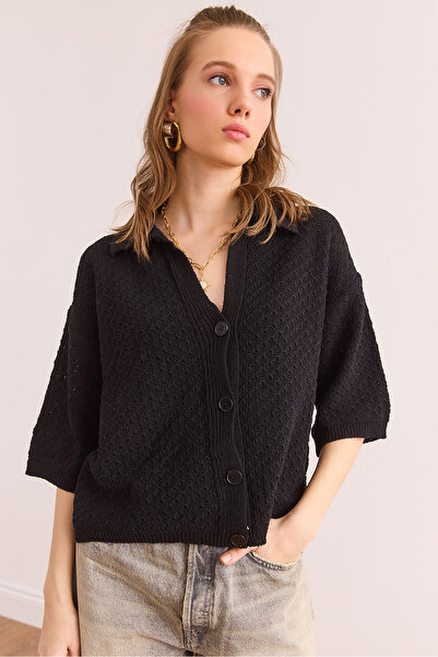 Olalook Γυναικεία μπλούζα από βαμβακερή ανοιχτή μαύρη κουμπιά BLZ- 19002900