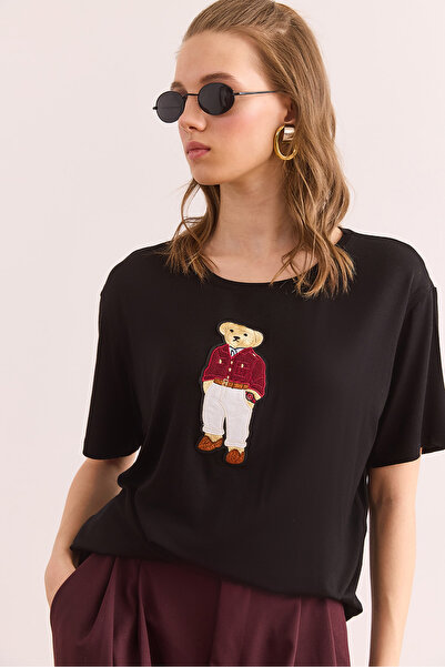 Olalook Women's Black Crew Neck Teddy Bear Appliqued Flowy T-Shirt Tsh- 19000867