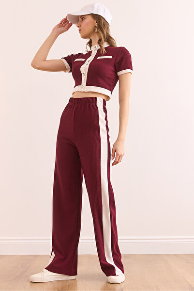 Olalook Women's Burgundy Striped Bottom Top Corded Suit Tkm- 19000371