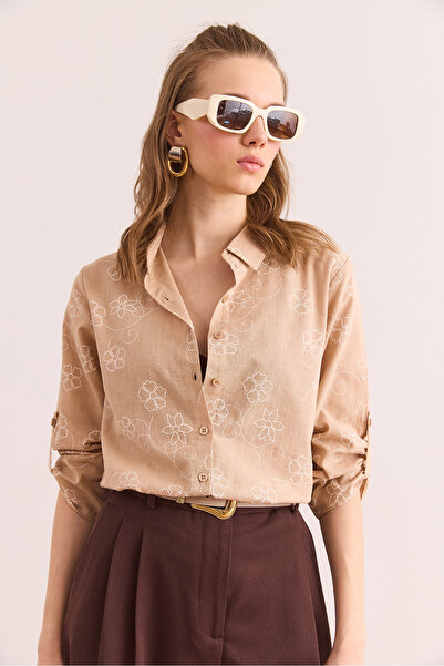 Olalook Női Ivy bézs ujjú hajtogatott vászon ing GML- 19000825