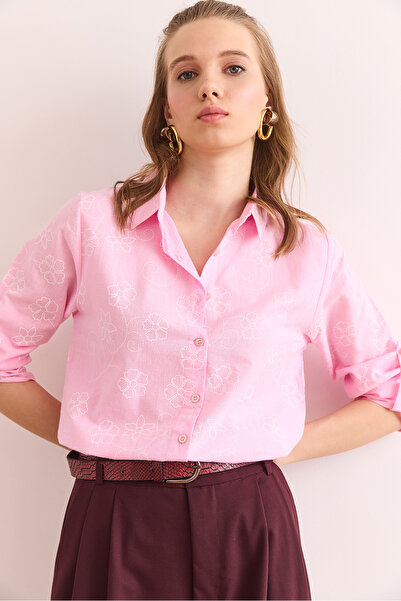 Olalook Γυναικείο λινό πουκάμισο Ivy Pink με διπλό μανίκι GML- 19000825