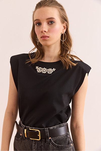 Olalook Kadın Siyah Vatka Detaylı Taşlı Pamuk Tişört TSH-19000866