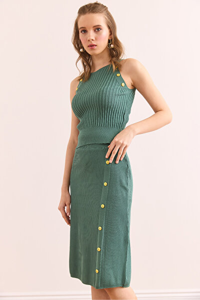 Olalook Women's Mint Green Button Detailed Bottom Top Knitwear Set Tkm- 19000367