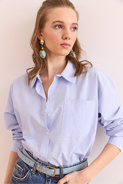 Olalook Cămașă din bumbac cu un singur buzunar cu pompon albastru pentru femei GML- 19001307