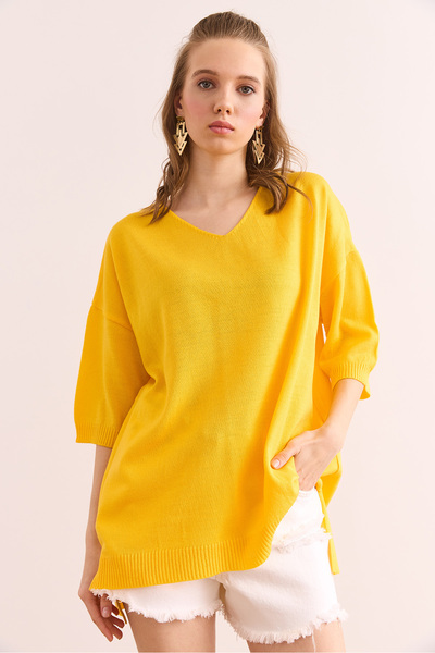 Olalook Γυναικεία κίτρινη μπλούζα με κοντό μανίκι με λαιμόκοψη BLZ- 19002899