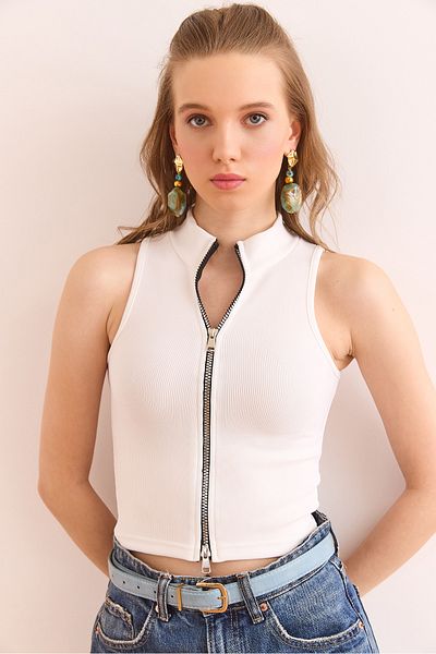 Olalook Women's Ecru Double Sided Zippered Corded Crop Blouse Blz- 19002903