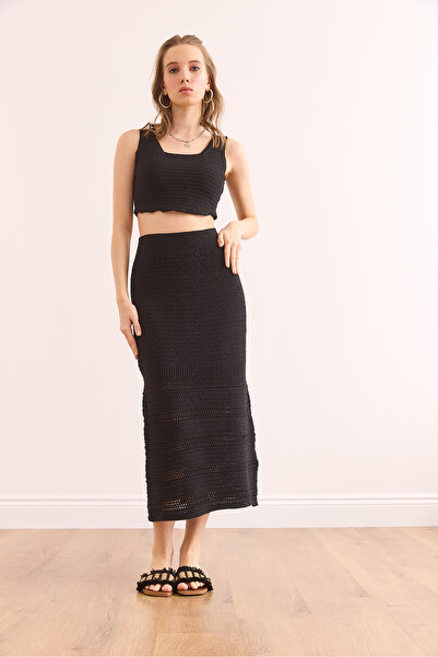 Olalook Women's Black Top Blouse - Bottom Skirt, Cotton Set Tkm- 19000369