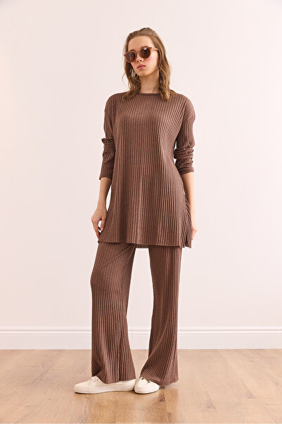 Olalook Kadın Vizon Üst Yırtmaçlı Bluz Alt Palazzo Fitilli Takım TKM-19000180