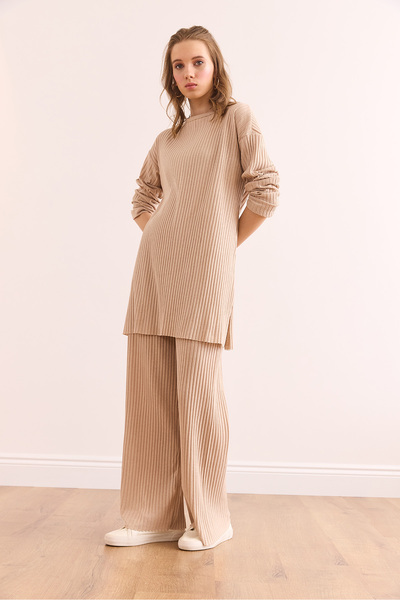 Olalook Kadın Taş Üst Yırtmaçlı Bluz Alt Palazzo Fitilli Takım TKM-19000180