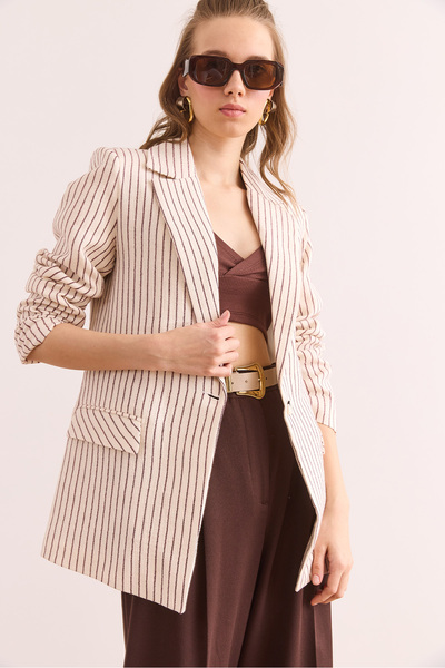 Olalook Women's Burgundy Muslin Striped Lined Blazer Jacket Ckt- 19000438