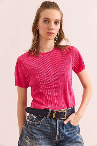Olalook Γυναικεία φούξια μπλούζα με λαιμόκοψη με πλισέ Crop BLZ- 19002901