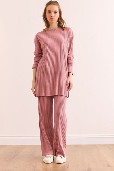 Olalook Damen Dusty Rose Top Schlitz Bluse Unterteil Palazzo Kordelzug Anzug TKM-19000180