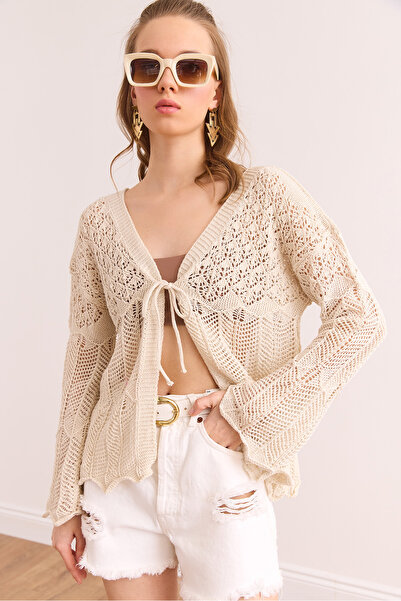 Olalook Women's Ecru Geometric Openwork Lacing Detailed Cotton Cardigan Hrk- 19000350