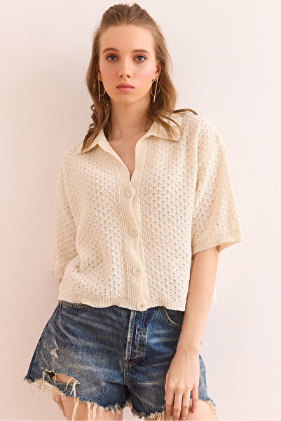 Olalook Γυναικεία βαμβακερή μπλούζα με κουμπιά εκρού BLZ- 19002900