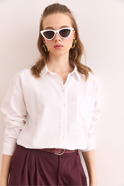 Olalook Women's Jacquard Ecru Single Pocket Regular Fit Cotton Shirt Gml- 19001307