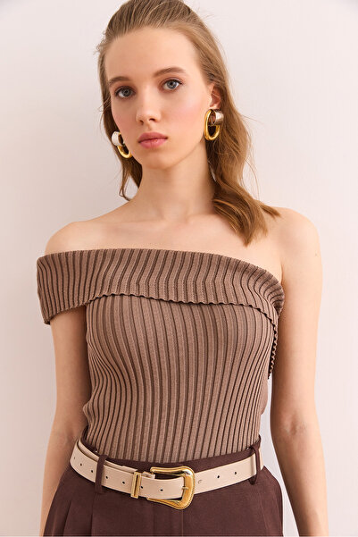 Olalook Γυναικεία μινκ μπλούζα με μονό ώμο με λεπτομέρεια πλεκτά BLZ- 19002897