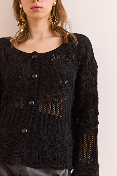 Olalook Women's Black Buttoned Openwork Seasonal Cotton Cardigan Hrk- 19000349