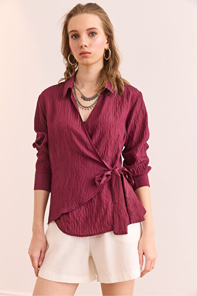 Olalook Kadın Bordo Gömlek Yaka Yandan Bağlama Detaylı Modal Bluz BLZ-19002907