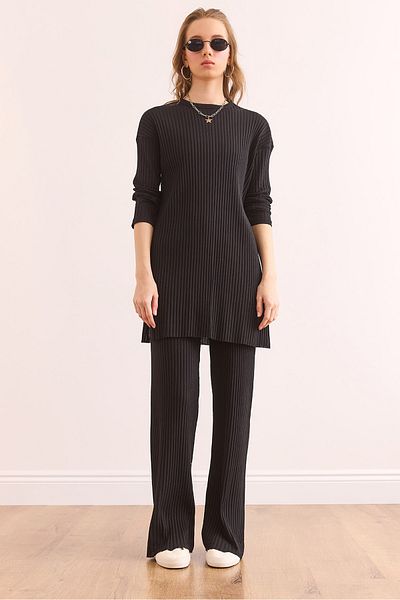 Olalook Schwarzes Oberteil mit Schlitz, Bluse, Unterteil, Palazzo-Kostüm für Damen, Kordelzug, TKM-19000180